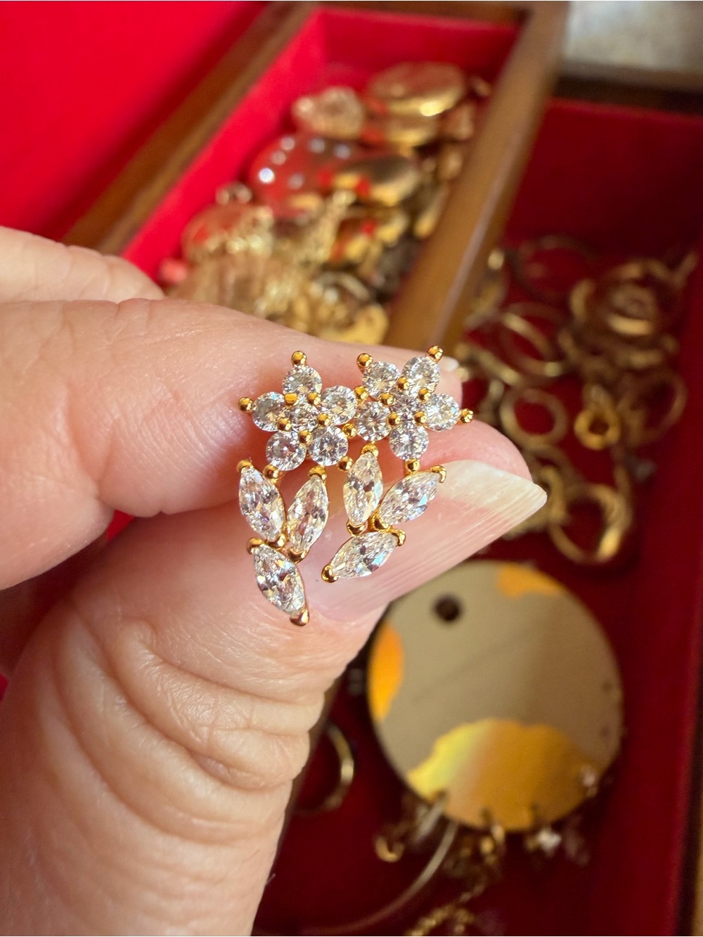 Anthropologie Gold Floral Cluster Earrings with Clear Stones